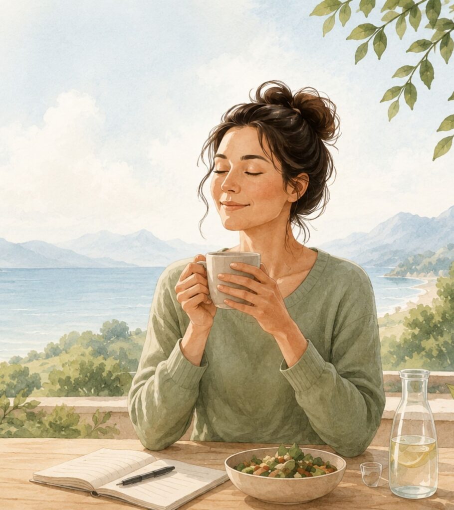 Woman standing peacefully outdoors beside nourishing low histamine foods, herbal tea, journals, and calming wellness elements in a soft editorial illustration representing the Histamine Load Reduction Series and calmer low histamine living.