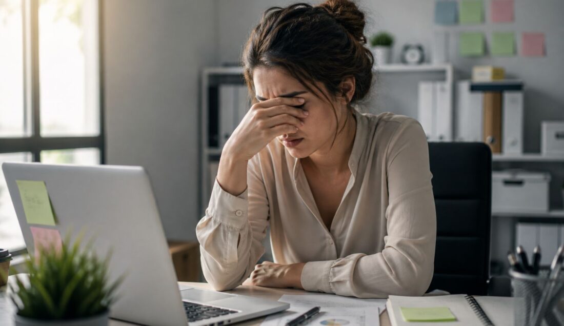 woman feeling fatigued and overwhelmed at work experiencing afternoon histamine crash after lunch