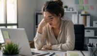 woman feeling fatigued and overwhelmed at work experiencing afternoon histamine crash after lunch