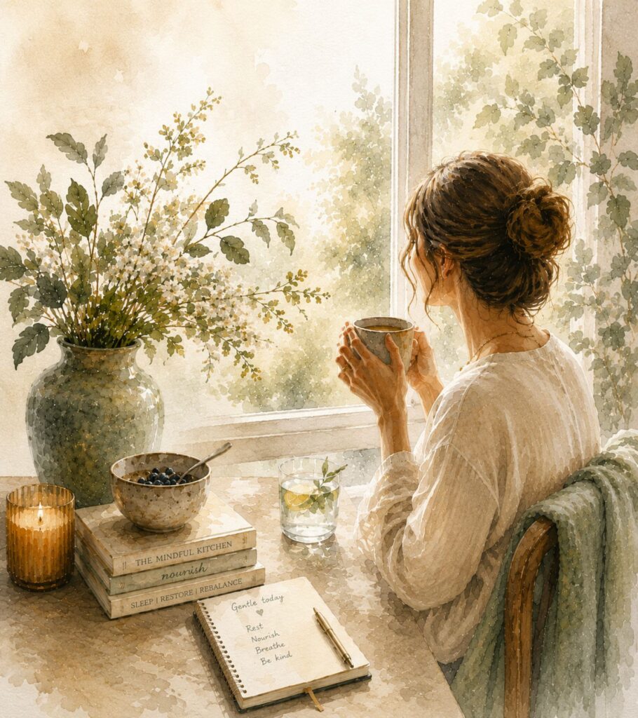 Woman enjoying a calm morning routine with tea, books, and natural wellness elements in a soft watercolor illustration representing low histamine living and nervous system support.