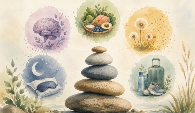 Watercolor illustration representing the histamine bucket theory and how food, sleep, stress, environment, and lifestyle contribute to histamine load.