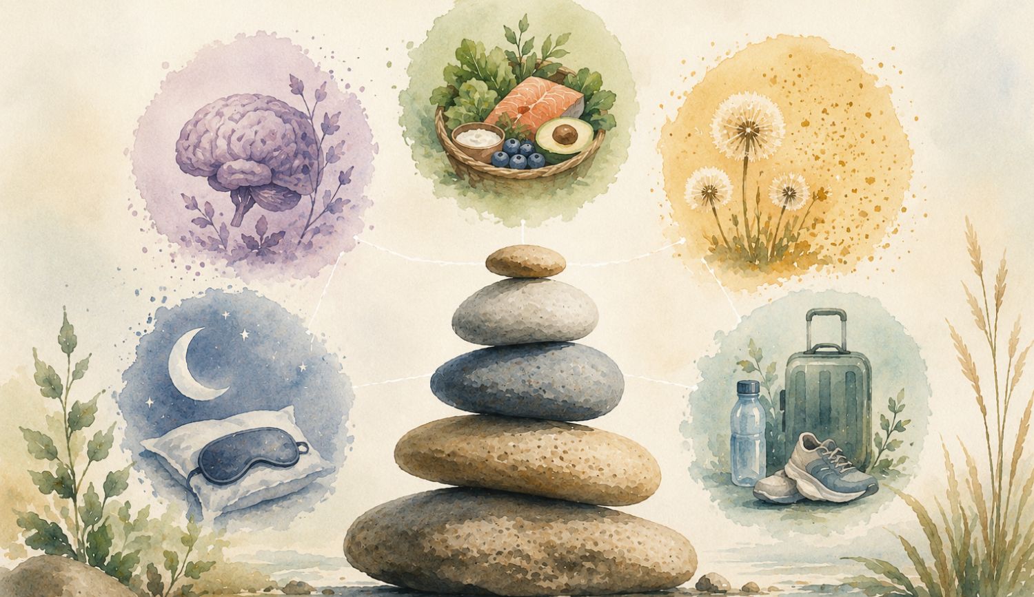 Watercolor illustration representing the histamine bucket theory and how food, sleep, stress, environment, and lifestyle contribute to histamine load.