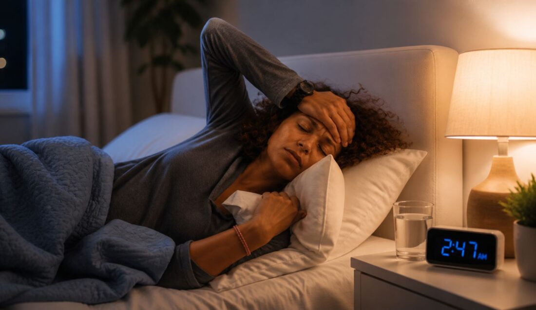 woman lying awake in bed at night experiencing histamine intolerance insomnia