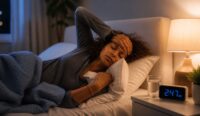 woman lying awake in bed at night experiencing histamine intolerance insomnia