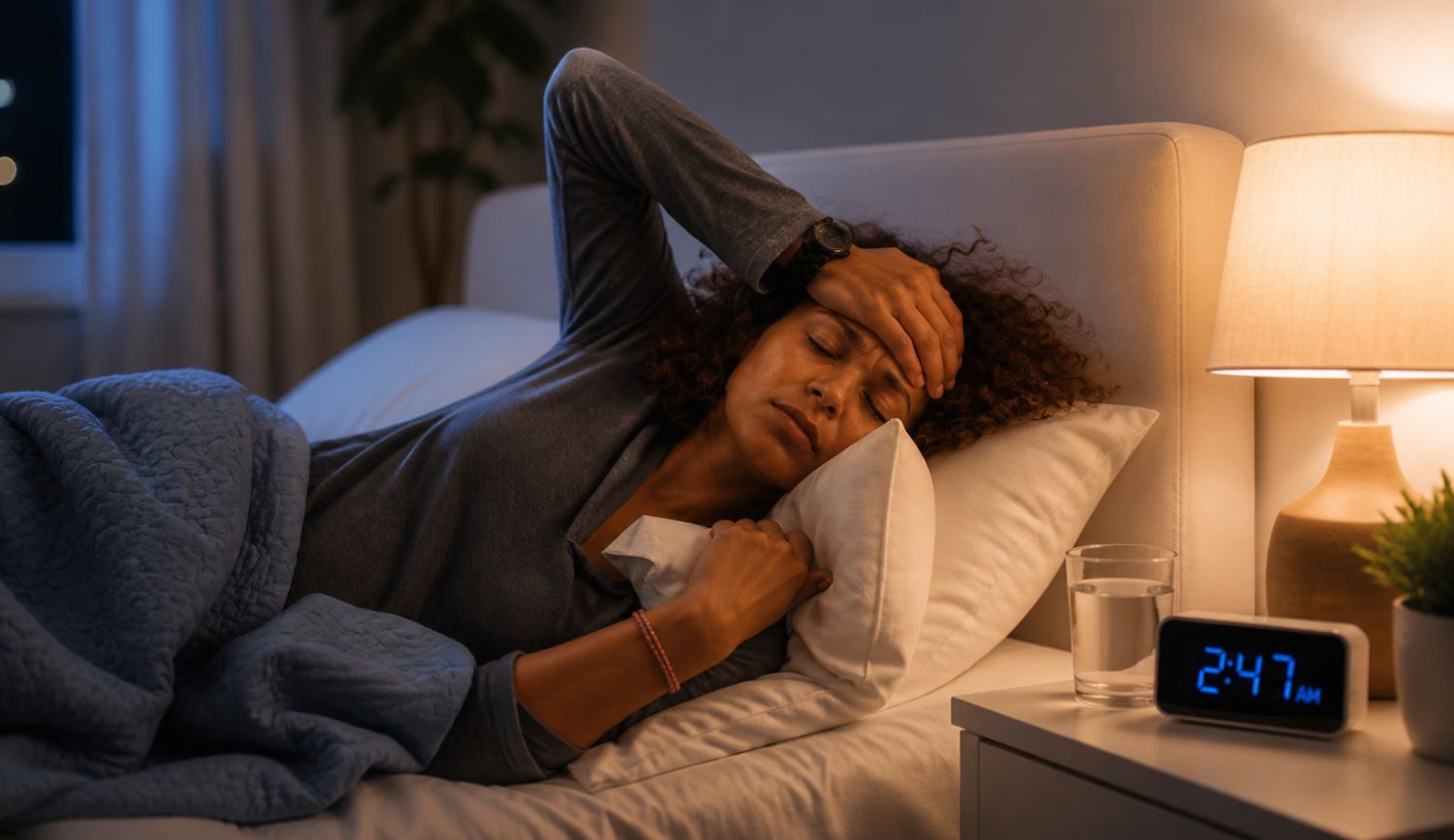 woman lying awake in bed at night experiencing histamine intolerance insomnia