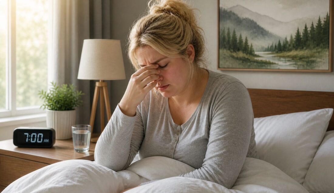 woman waking up tired with histamine intolerance morning symptoms fatigue brain fog