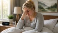 woman waking up tired with histamine intolerance morning symptoms fatigue brain fog