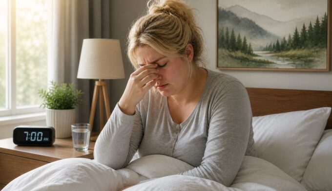 woman waking up tired with histamine intolerance morning symptoms fatigue brain fog