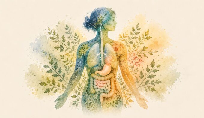Watercolor illustration showing interconnected body systems associated with histamine intolerance symptoms affecting the skin, gut, lungs, and nervous system