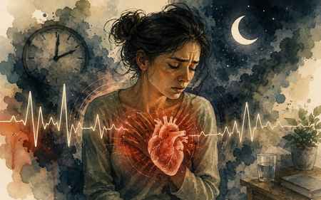 Watercolor editorial illustration of a woman experiencing nighttime heart racing while sitting awake in bed, with a moonlit night scene outside the window, representing histamine, stress response, and sleep disruption.
