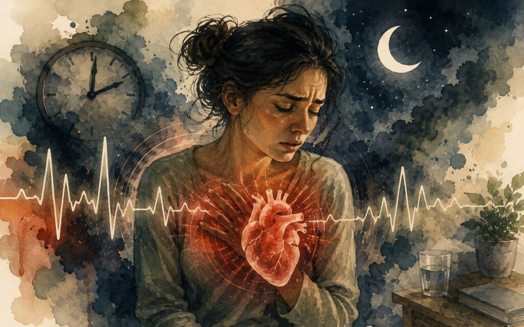 Abstract watercolor illustration representing nighttime heart racing, nervous system stress, histamine reactions, and emotional overwhelm in a calm editorial style.