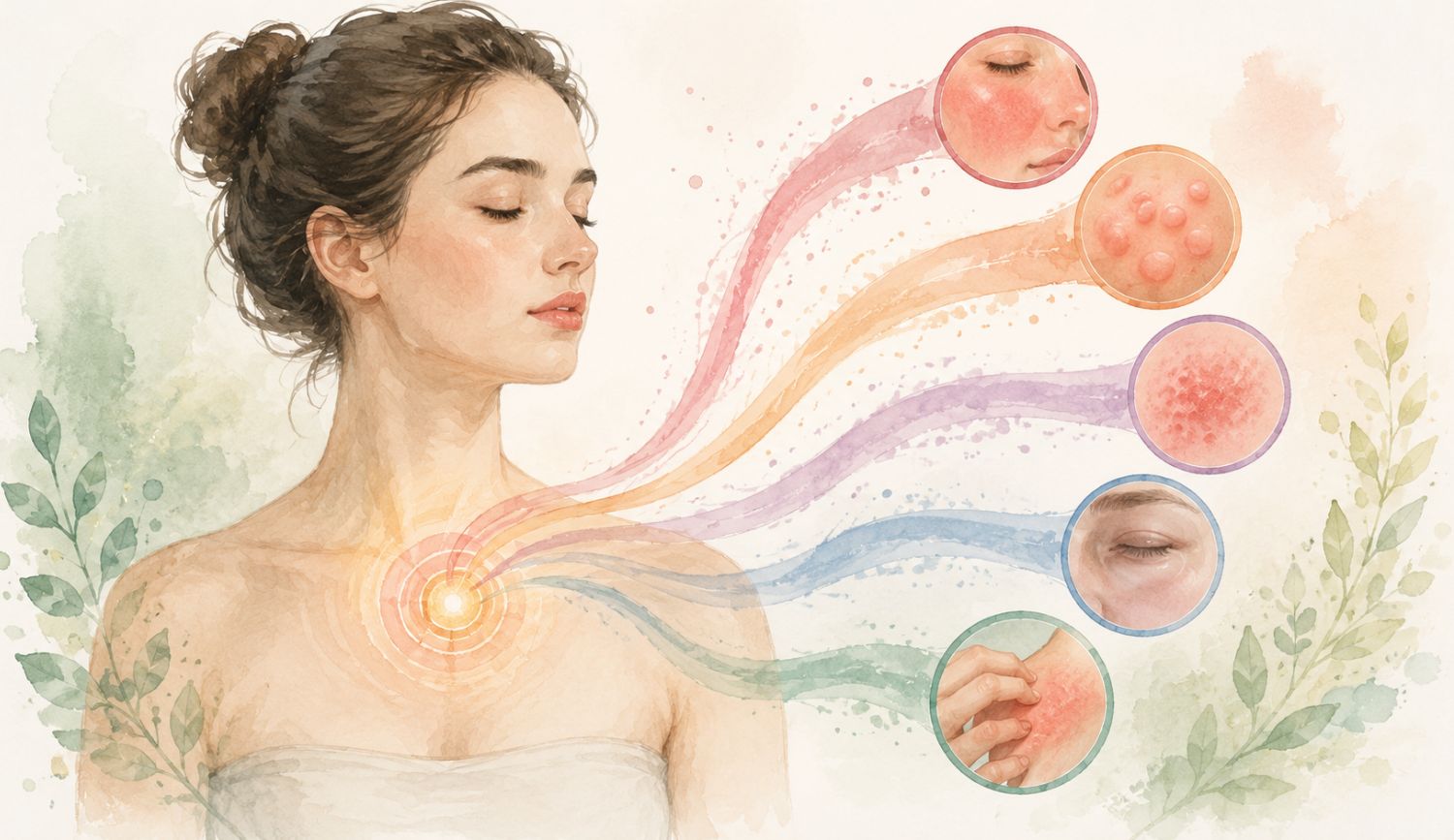 Watercolor illustration showing different histamine skin reactions including rash, itching, hives, flushing, redness, and swelling connected through a common underlying pattern