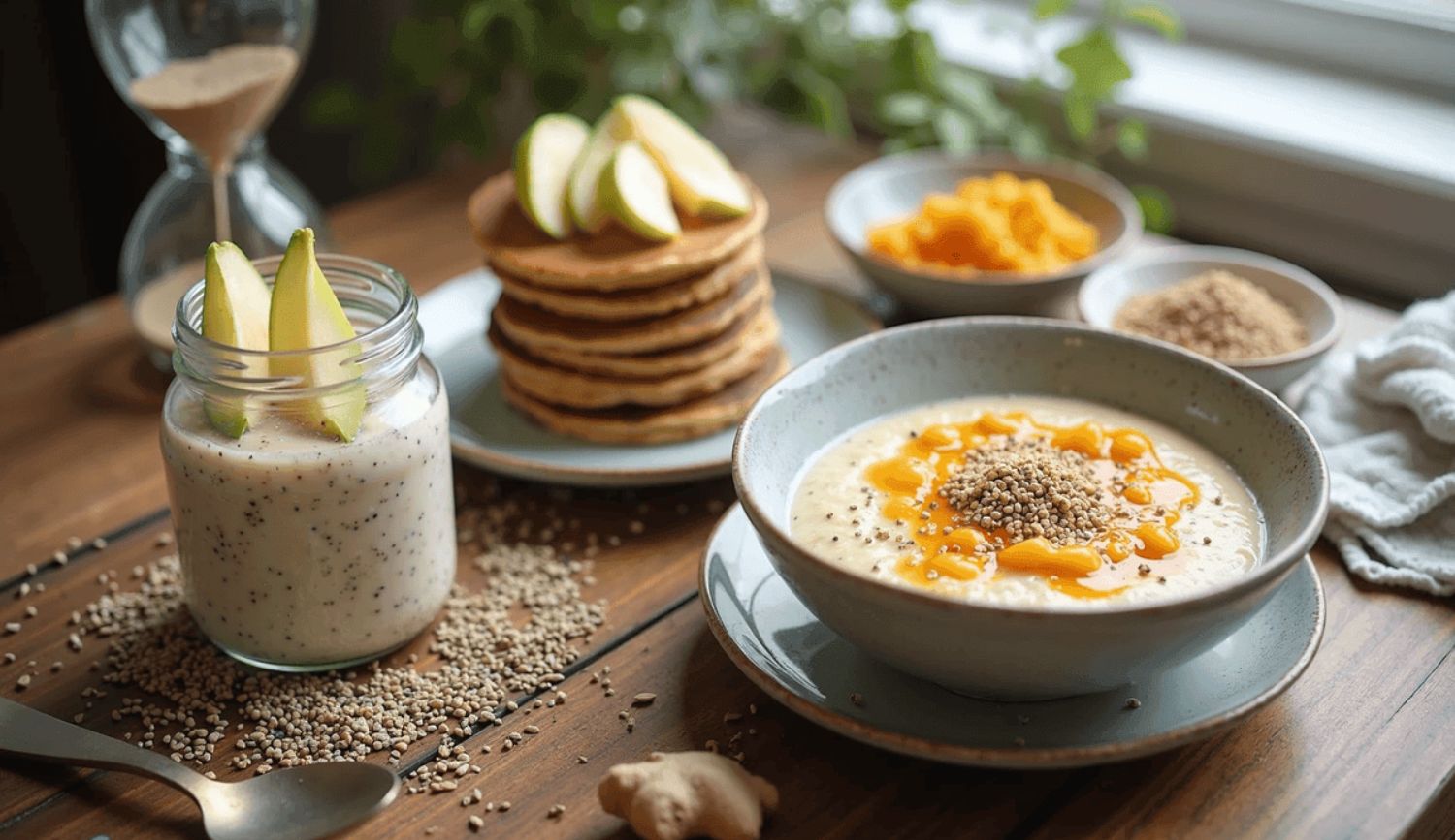 Low histamine breakfast recipes including chia pudding quinoa porridge sweet potato toast and vegan breakfast bowls