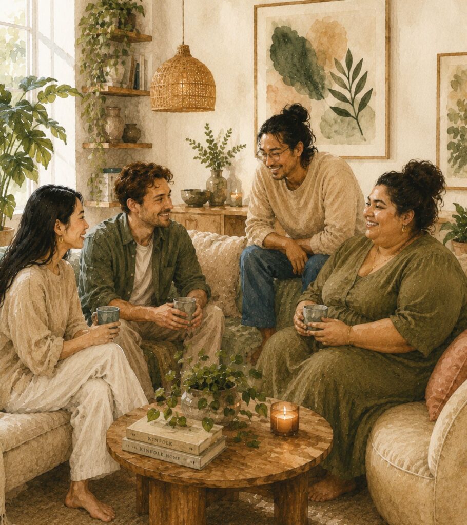 Warm watercolor illustration of a diverse low histamine support community gathered together in a cozy living room, sharing calm conversation, tea, and emotional support in a soft editorial setting.