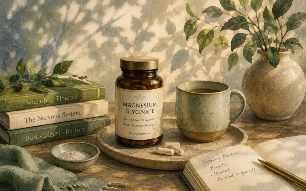 Watercolor editorial illustration of magnesium glycinate supplements, calming tea, and wellness elements representing nervous system support and low histamine living.