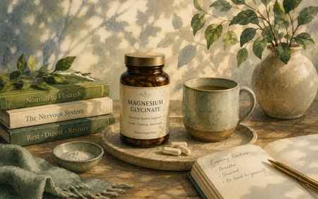 Watercolor editorial illustration of magnesium glycinate supplements, calming tea, and wellness elements representing nervous system support and histamine-sensitive living.