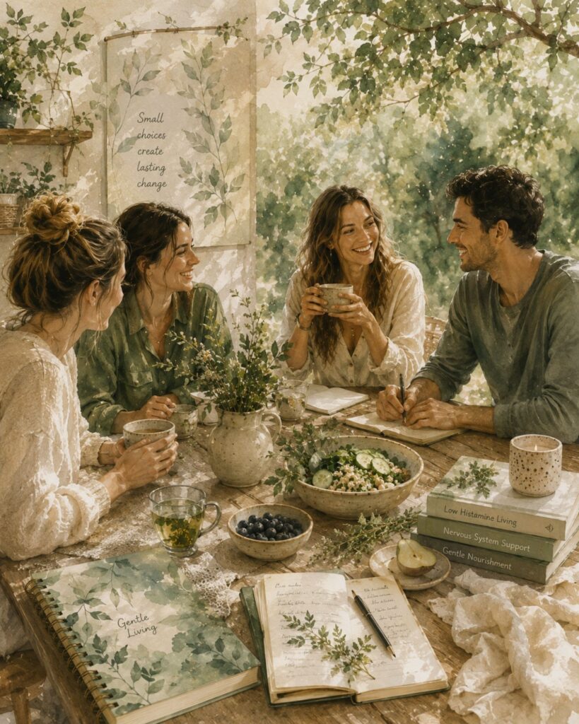 Community-style watercolor illustration showing three women and one man sharing tea, food, and conversation in a calm outdoor setting representing supportive low histamine living and nervous system wellness.