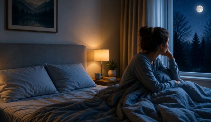 Calm nighttime bedroom scene representing sleep and histamine symptoms during reactive periods