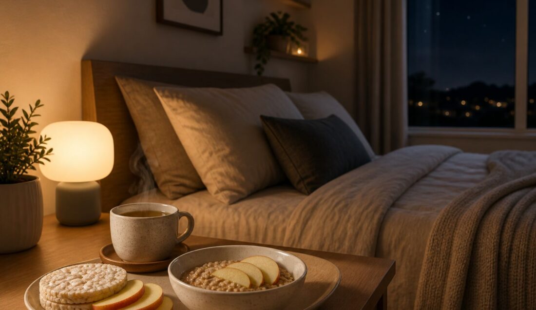 What to eat before bed with histamine intolerance without triggering symptoms bedtime snack with rice cakes fruit and herbal tea on bedside table at night