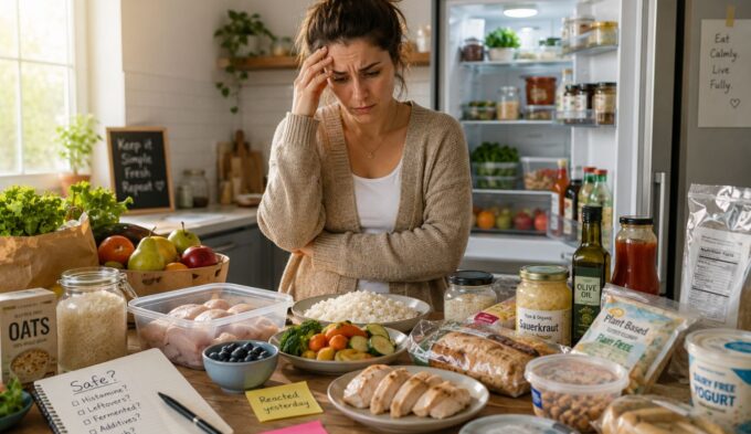 Overwhelmed woman looking at low histamine foods in kitchen while trying to decide what to eat when everything triggers you