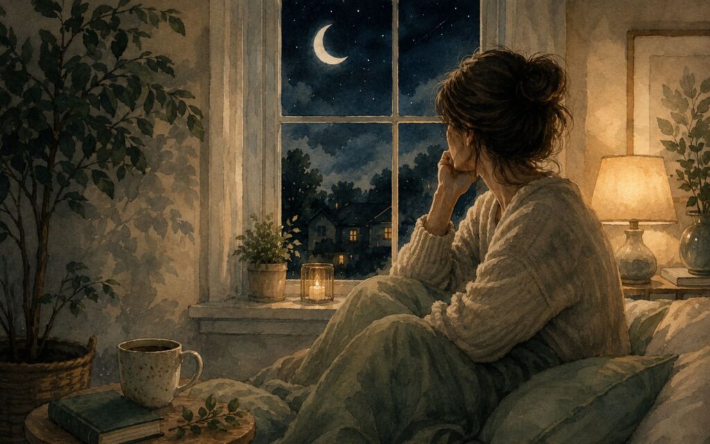 Woman sitting peacefully beside a softly lit window at night in a watercolor editorial illustration representing nighttime histamine symptoms and nervous system overwhelm.