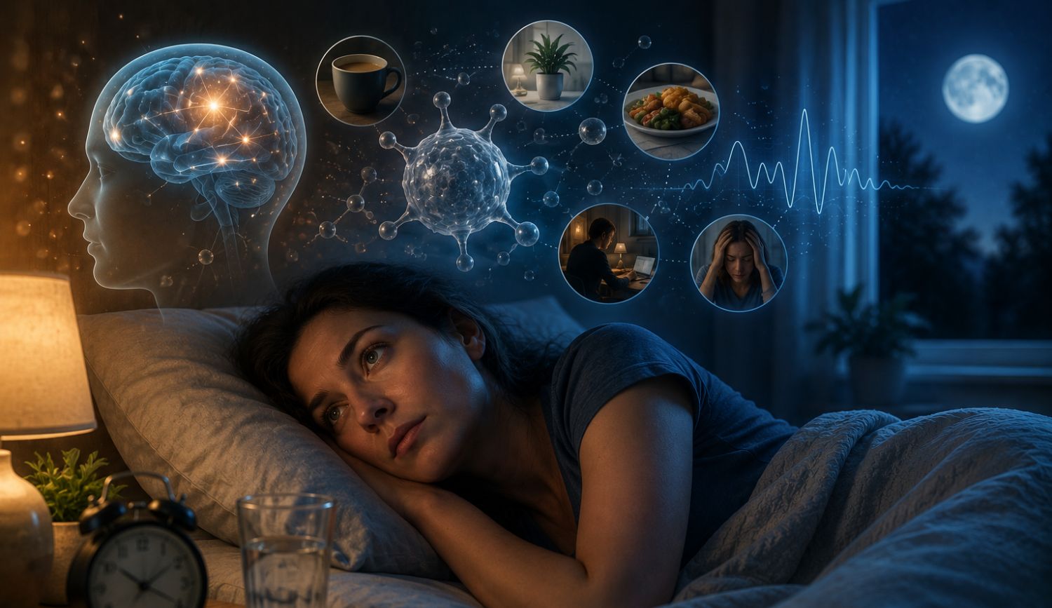 Woman lying awake at night representing nighttime histamine symptoms, stress accumulation, and disrupted sleep patterns
