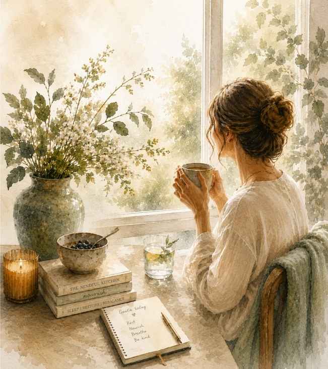 Watercolor editorial illustration of a woman enjoying a quiet wellness routine by a window with tea, fresh flowers, and a journal, representing calm living, nervous system support, and histamine-aware self-care.