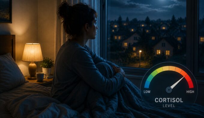 Woman awake at night looking out the window during cortisol spikes at night and histamine episode