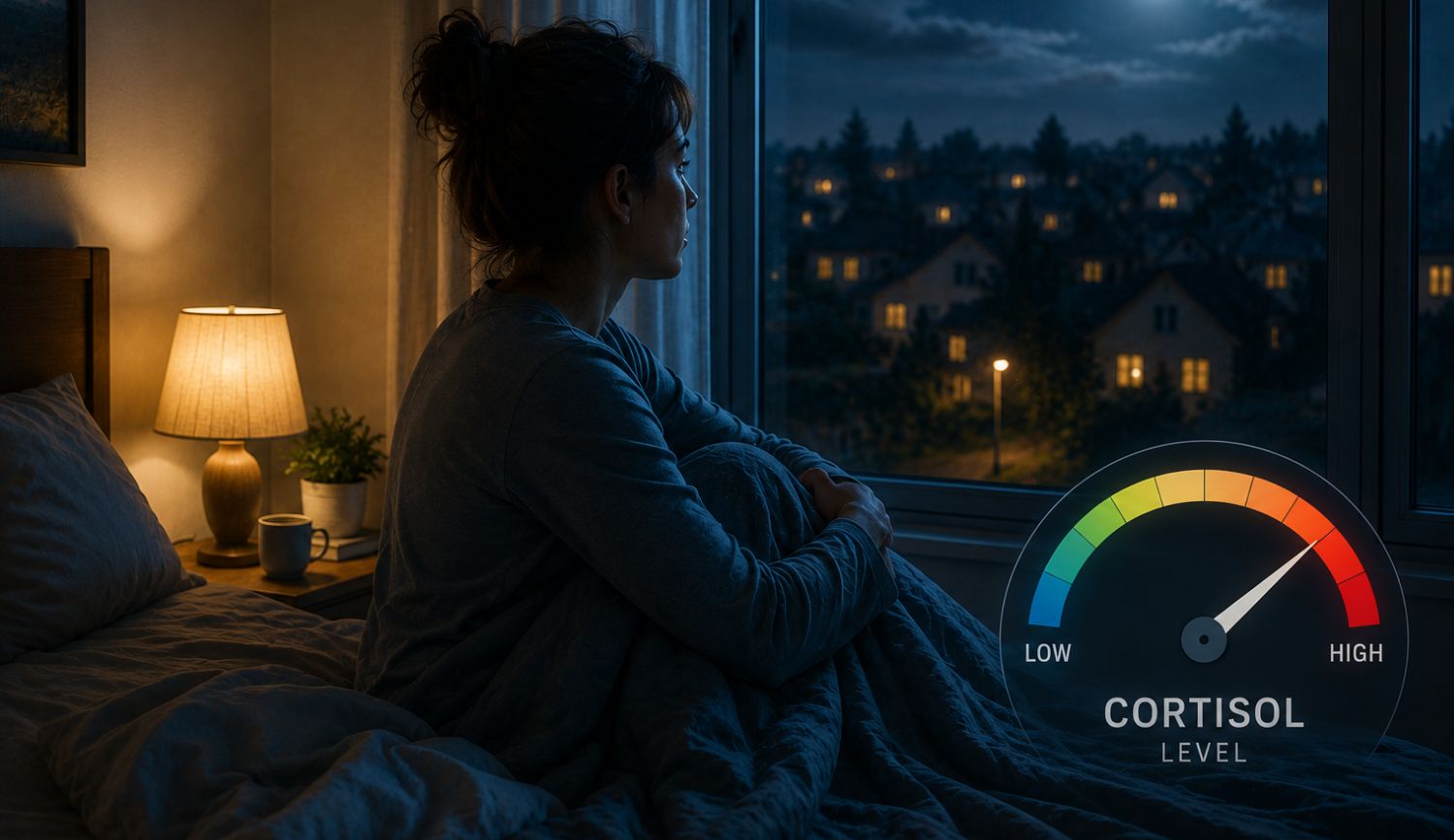 Woman awake at night looking out the window during cortisol spikes at night and histamine episode