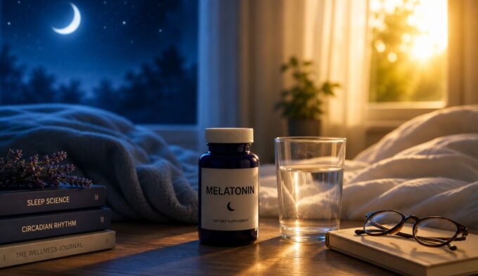 Melatonin and histamine intolerance concept showing a melatonin supplement beside a bed during the transition from night to morning