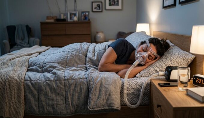Woman using a CPAP machine during sleep, representing sleep apnea and histamine symptoms linked to nighttime breathing disruptions