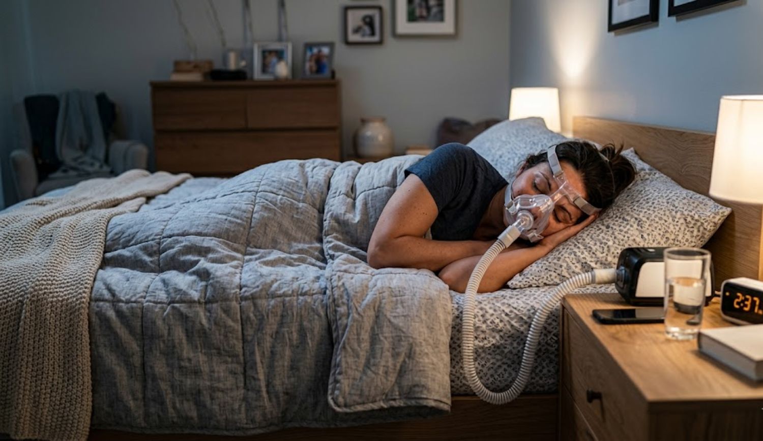Woman using a CPAP machine during sleep, representing sleep apnea and histamine symptoms linked to nighttime breathing disruptions