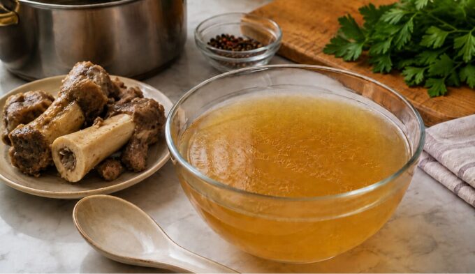 Bone broth and histamine shown with golden broth, fresh protein, cooling container, herbs, and kitchen timer.