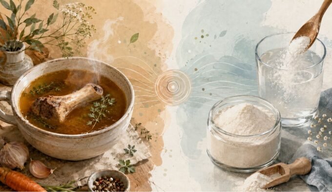 Bone broth vs collagen powder for histamine intolerance shown with warm broth, collagen powder, and a split comparison style.