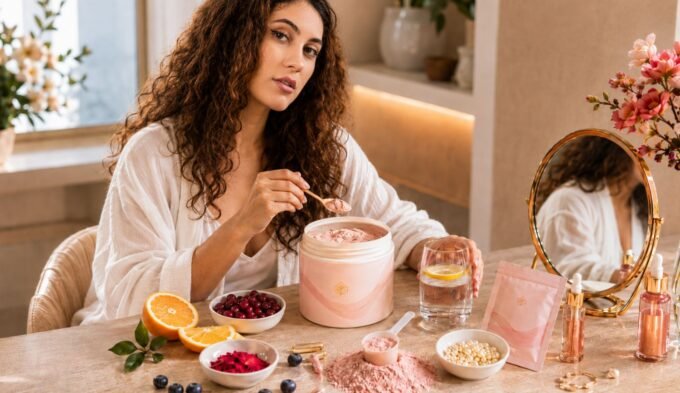 Collagen beauty powder side effects shown with a glow powder jar, collagen scoop, beauty capsules, and added ingredient cues.