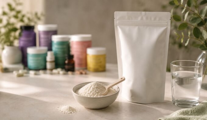 Collagen peptides and histamine shown with plain collagen powder, a simple pouch, water, and blurred supplement blends in the background.