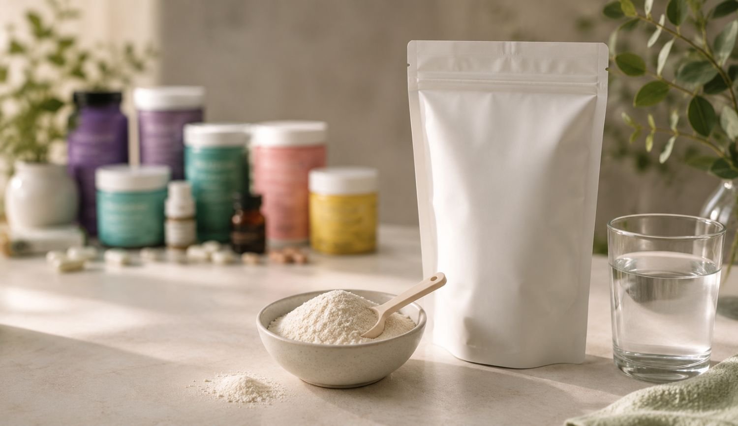 Collagen peptides and histamine shown with plain collagen powder, a simple pouch, water, and blurred supplement blends in the background.