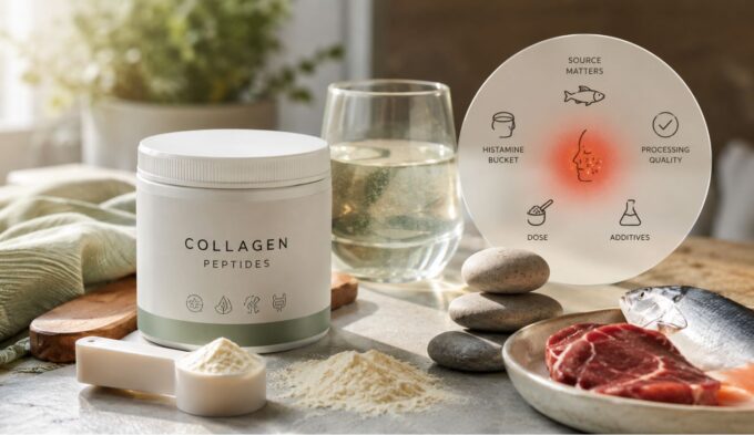 Collagen supplements and histamine reaction factors shown with collagen powder, source cues, additives, dose, and histamine bucket.