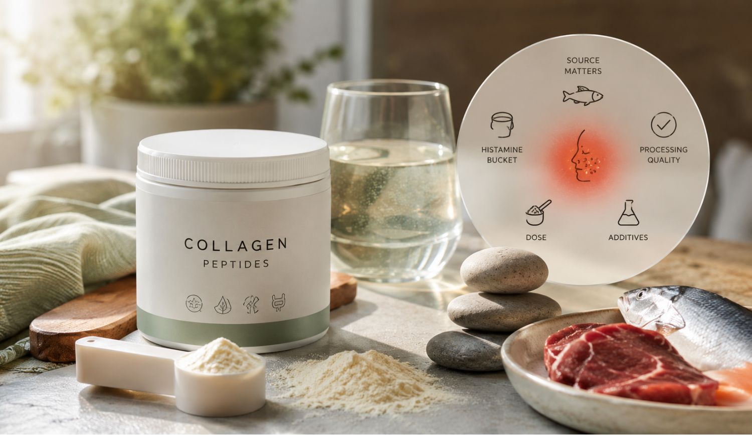 Collagen supplements and histamine reaction factors shown with collagen powder, source cues, additives, dose, and histamine bucket.