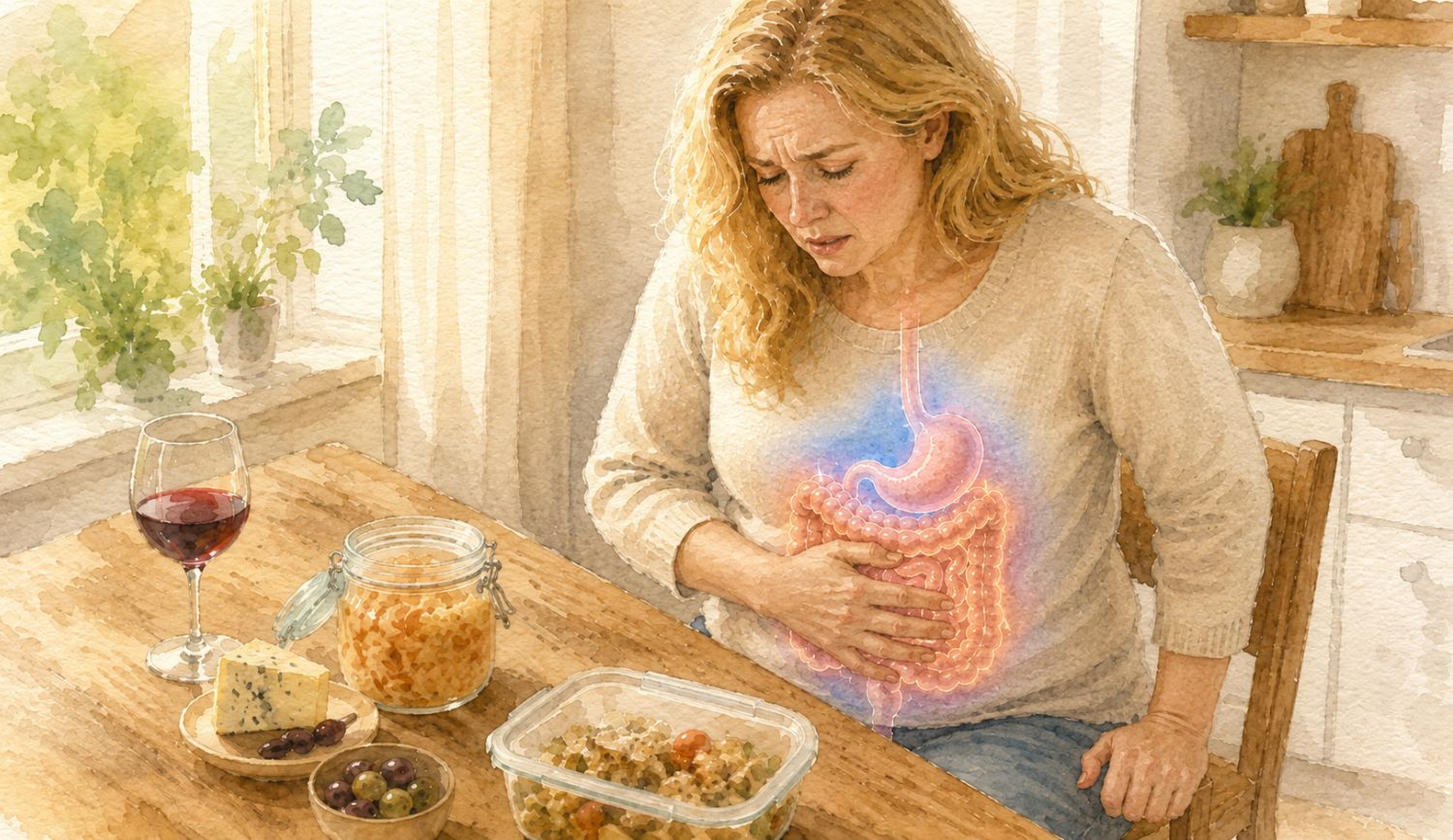 Blonde woman with histamine-induced diarrhea symptoms holding her abdomen after eating high-histamine foods.