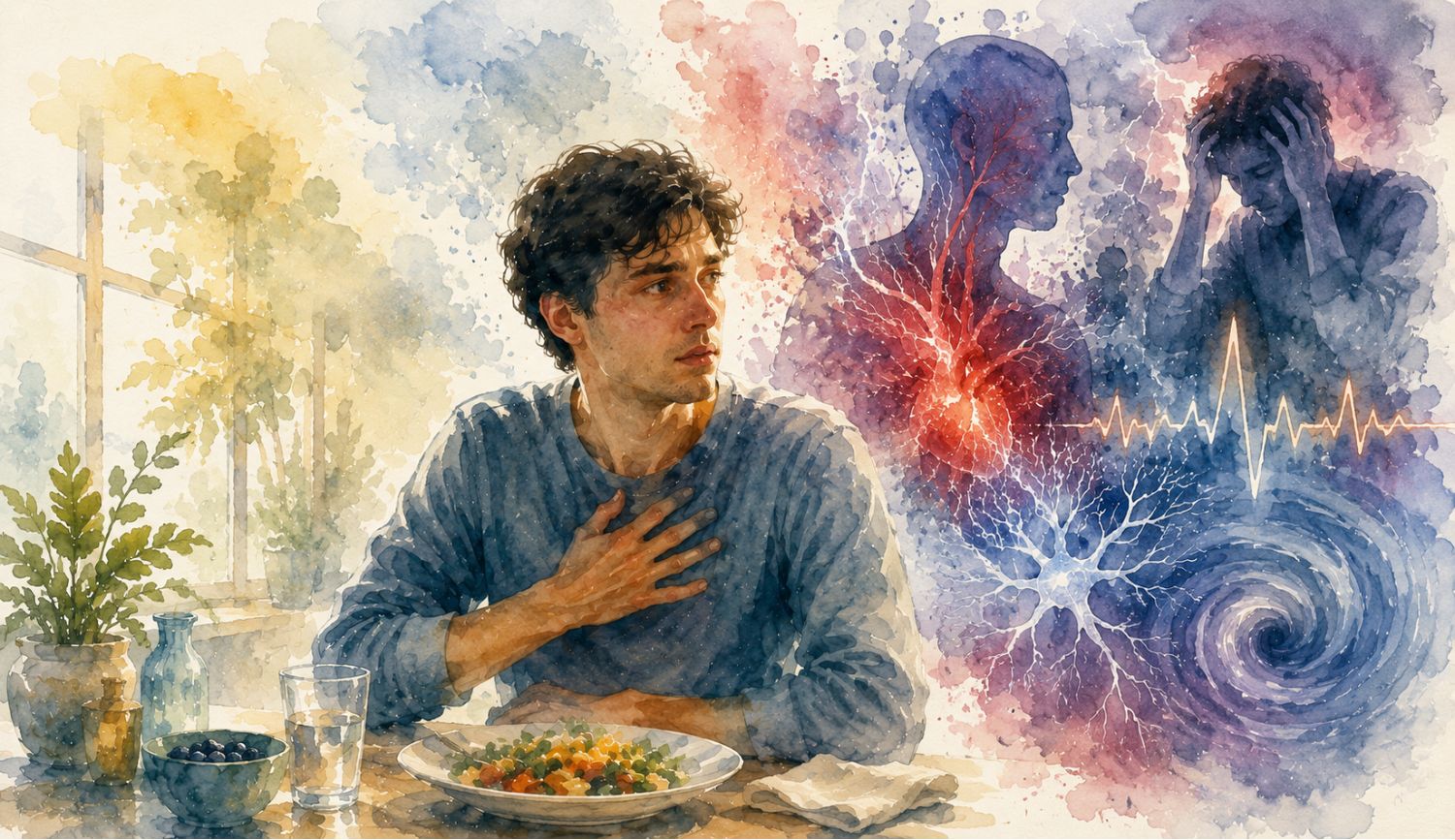 Man experiencing histamine panic attacks with sudden flushing, trembling, and adrenaline-like panic symptoms.