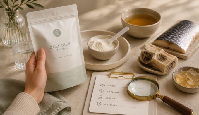 Is collagen high in histamine shown with collagen peptide packaging, fish, bone broth, gelatin, and label-checking cues.