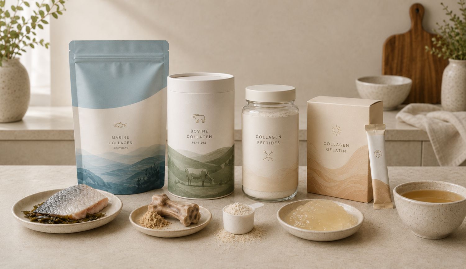 Low histamine collagen alternatives shown with fresh protein, glycine, proline, vitamin C foods, minerals, and short-cooked broth.