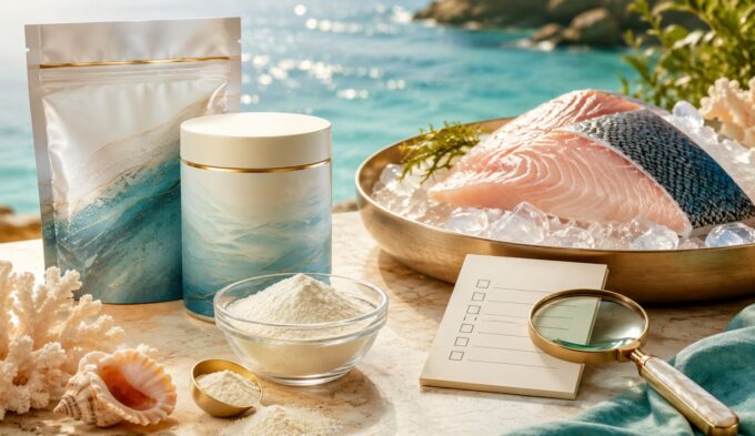 Marine collagen and histamine shown with fish-derived collagen powder, seafood source cues, and supplement label checking.
