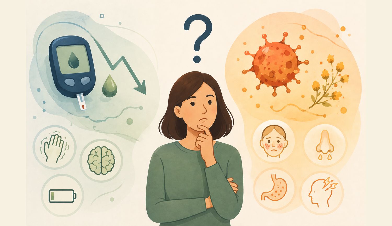 Woman experiencing reactive hypoglycemia vs histamine crash symptoms after eating