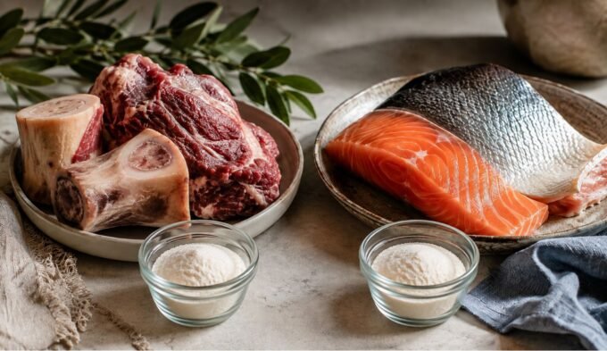 Bovine collagen histamine concerns shown with unbranded collagen powder, a prepared drink, and natural beef bones.