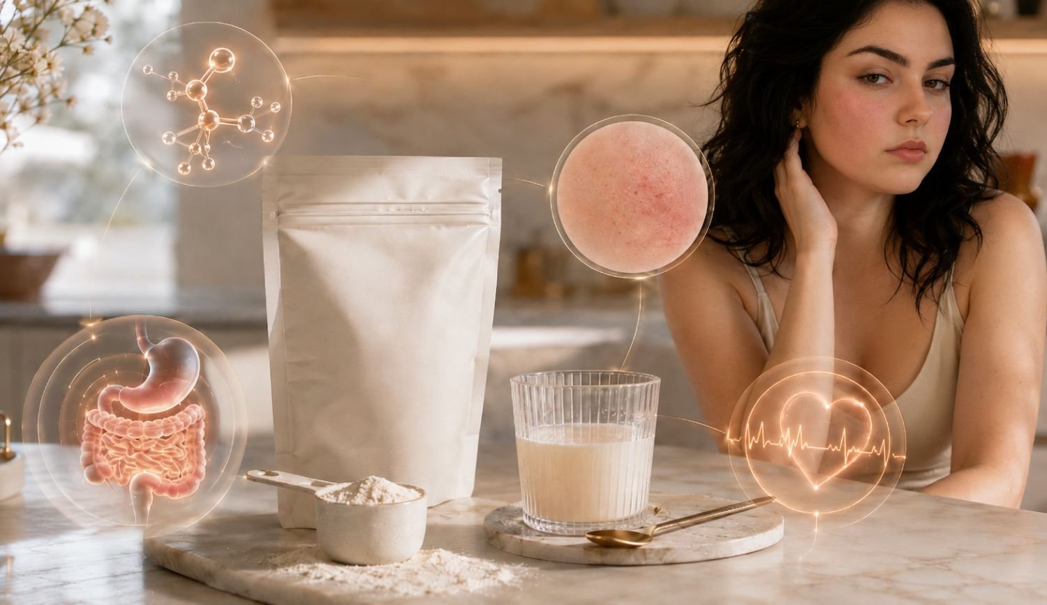 Collagen powder side effects including histamine reactions, skin flushing, gut symptoms, and heart-related reaction patterns.