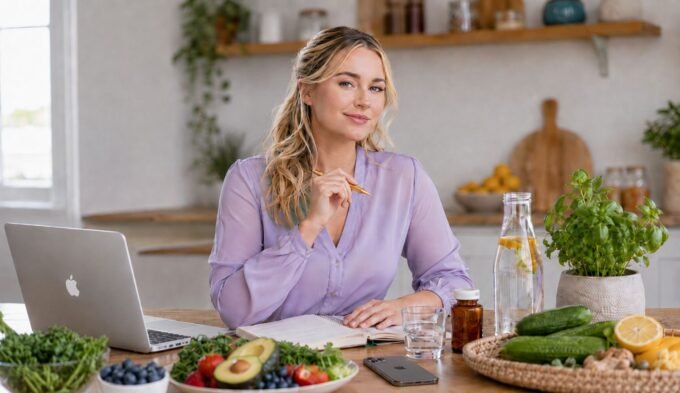 Woman reviewing histamine intolerance treatment options with fresh foods, supplements, and a health journal.