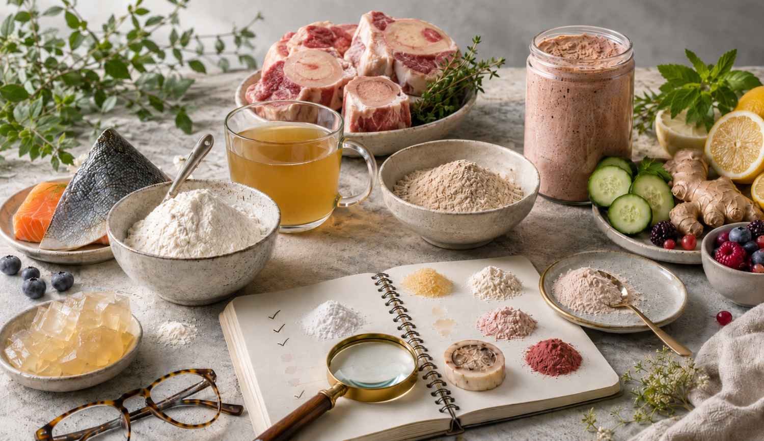 Collagen and histamine intolerance guide showing collagen powders, gelatin, bone broth, fish collagen, and raw beef bones.