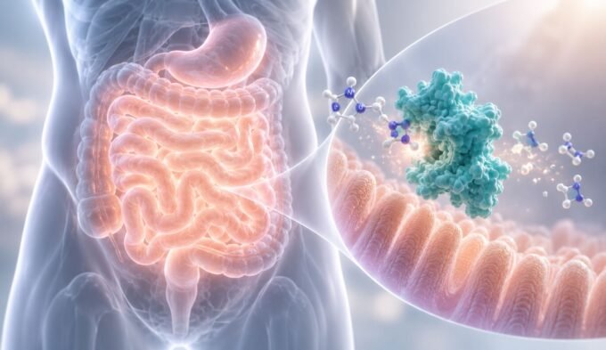 DAO enzyme and histamine metabolism illustrated through the digestive tract, intestinal barrier, and diamine oxidase activity.